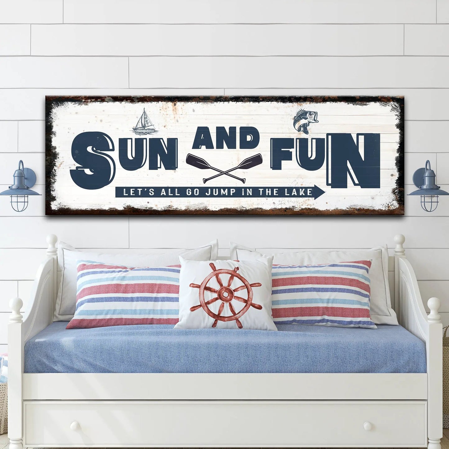 Sun And Fun Sign canvas by Tailored Canvases, navy lettering on whitewashed wood backdrop on Tampa Home & Garden Store