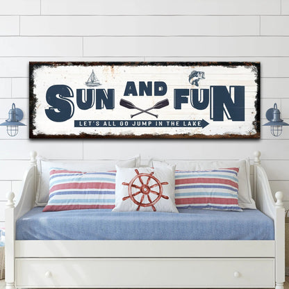 Sun And Fun Sign canvas by Tailored Canvases, navy lettering on whitewashed wood backdrop on Tampa Home & Garden Store