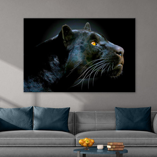Black Panther Head Canvas Wall Art close-up of black panther with amber eye on black background on Tampa Home & Garden Store