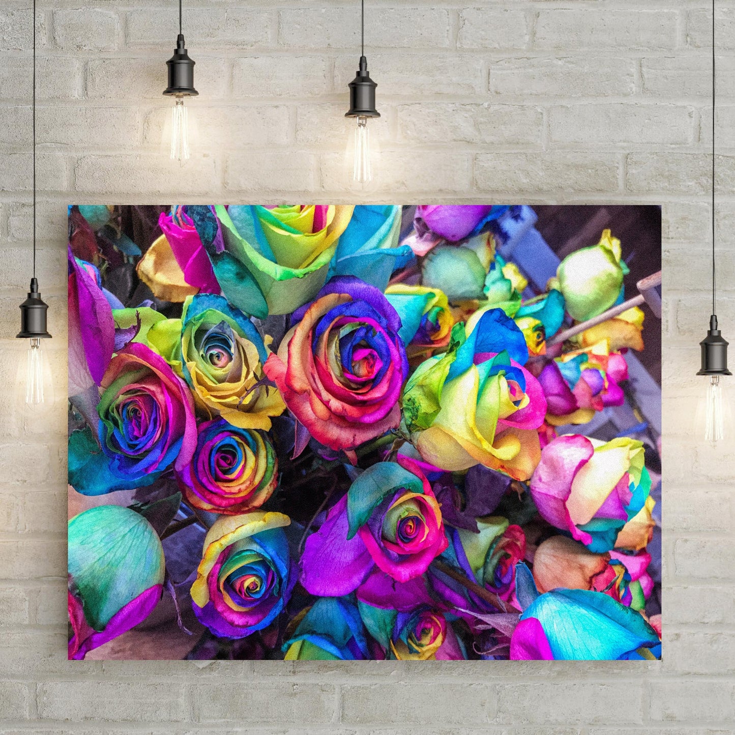 Rainbow Roses Canvas Wall Art by Tailored Canvases, vibrant multicolor floral canvas print on Tampa Home & Garden Store