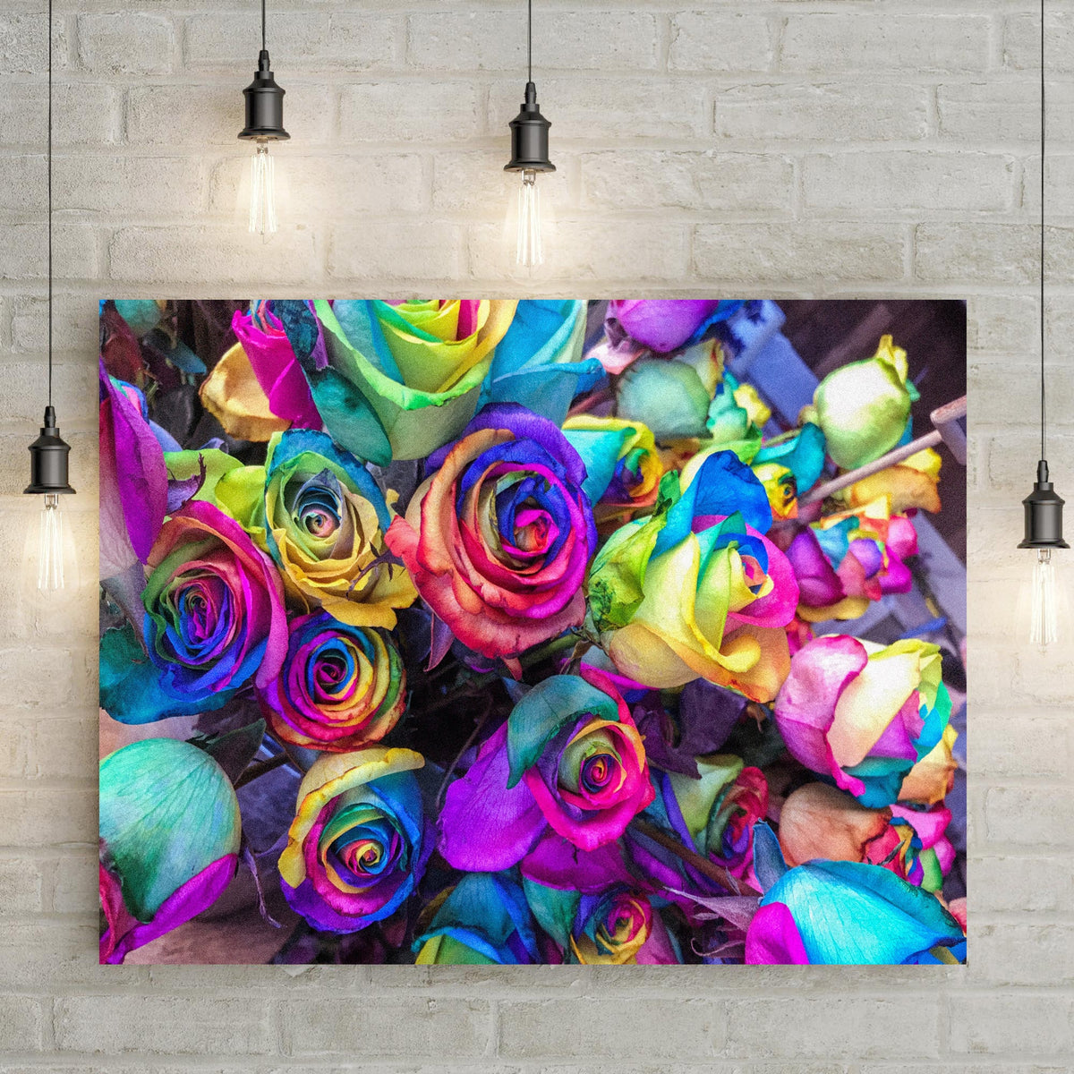 Rainbow Roses Canvas Wall Art by Tailored Canvases, vibrant multicolor floral canvas print on Tampa Home & Garden Store