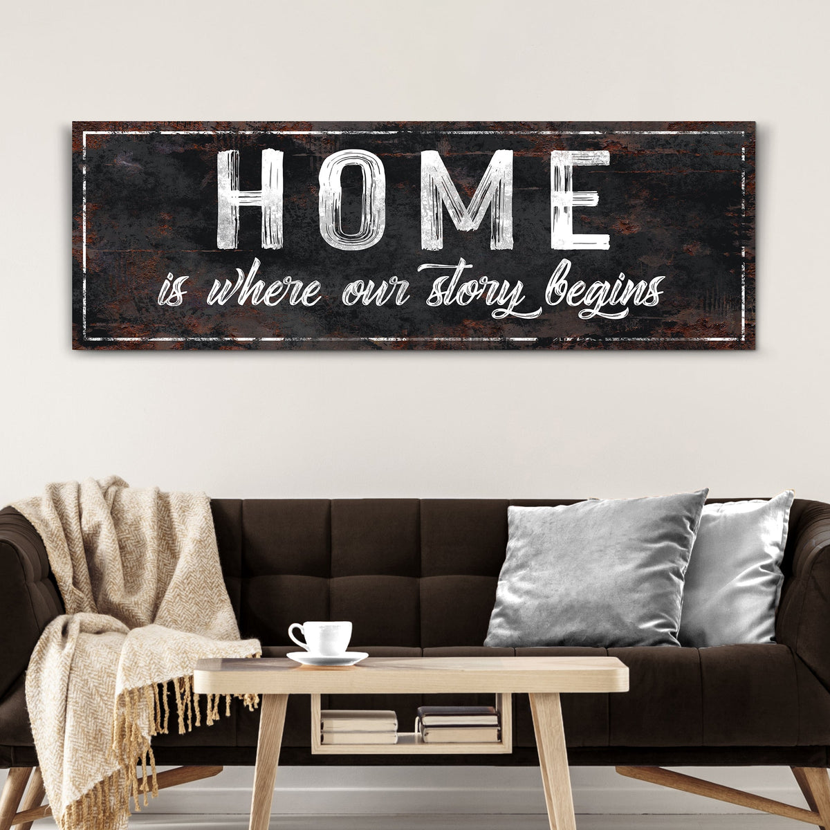 Home Is Where Our Story Begins Sign II canvas Tailored Canvases black with white lettering on Tampa Home & Garden Store
