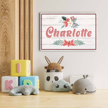 Flower Kids Room Sign canvas with whitewashed wood planks, pink script Charlotte on Tampa Home & Garden Store