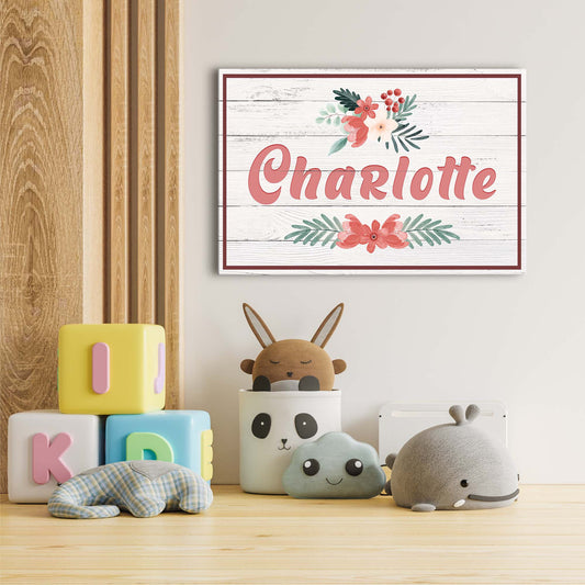 Flower Kids Room Sign canvas with whitewashed wood planks, pink script Charlotte on Tampa Home & Garden Store