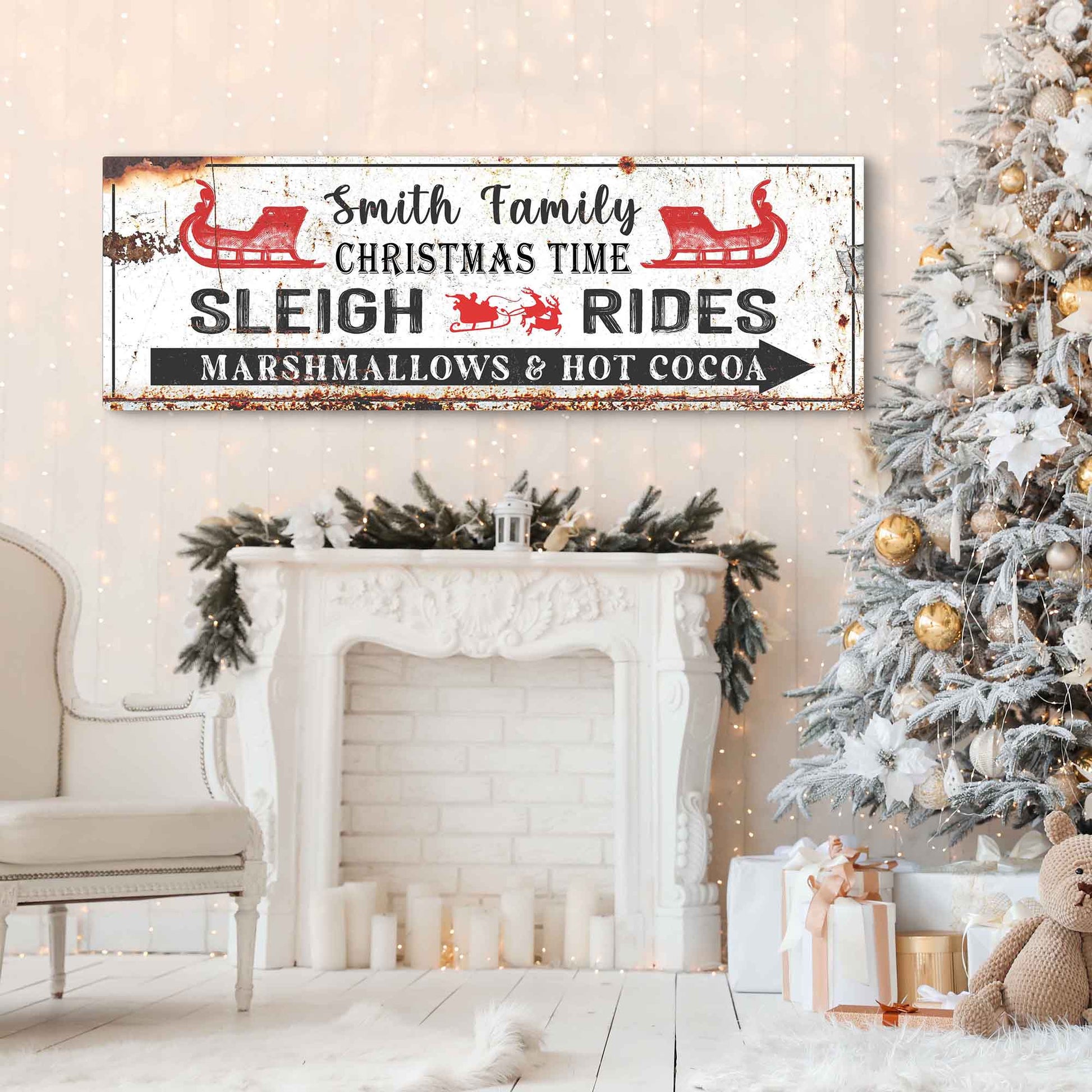 Canvas Christmas Sleigh Rides Sign by Tailored Canvases, distressed white with red sleighs on Tampa Home & Garden Store
