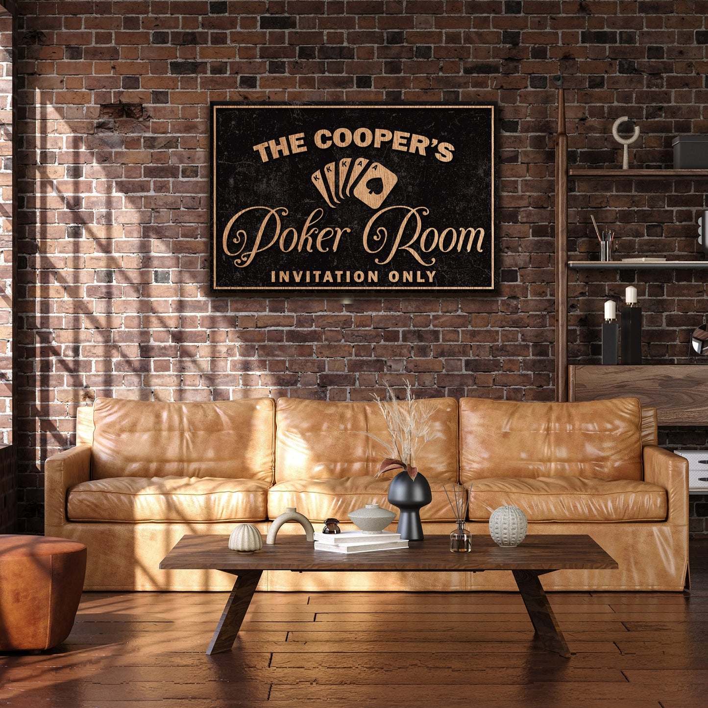 Invitation Only Poker Room canvas sign beige lettering on black with card motif on brick wall on Tampa Home & Garden Store