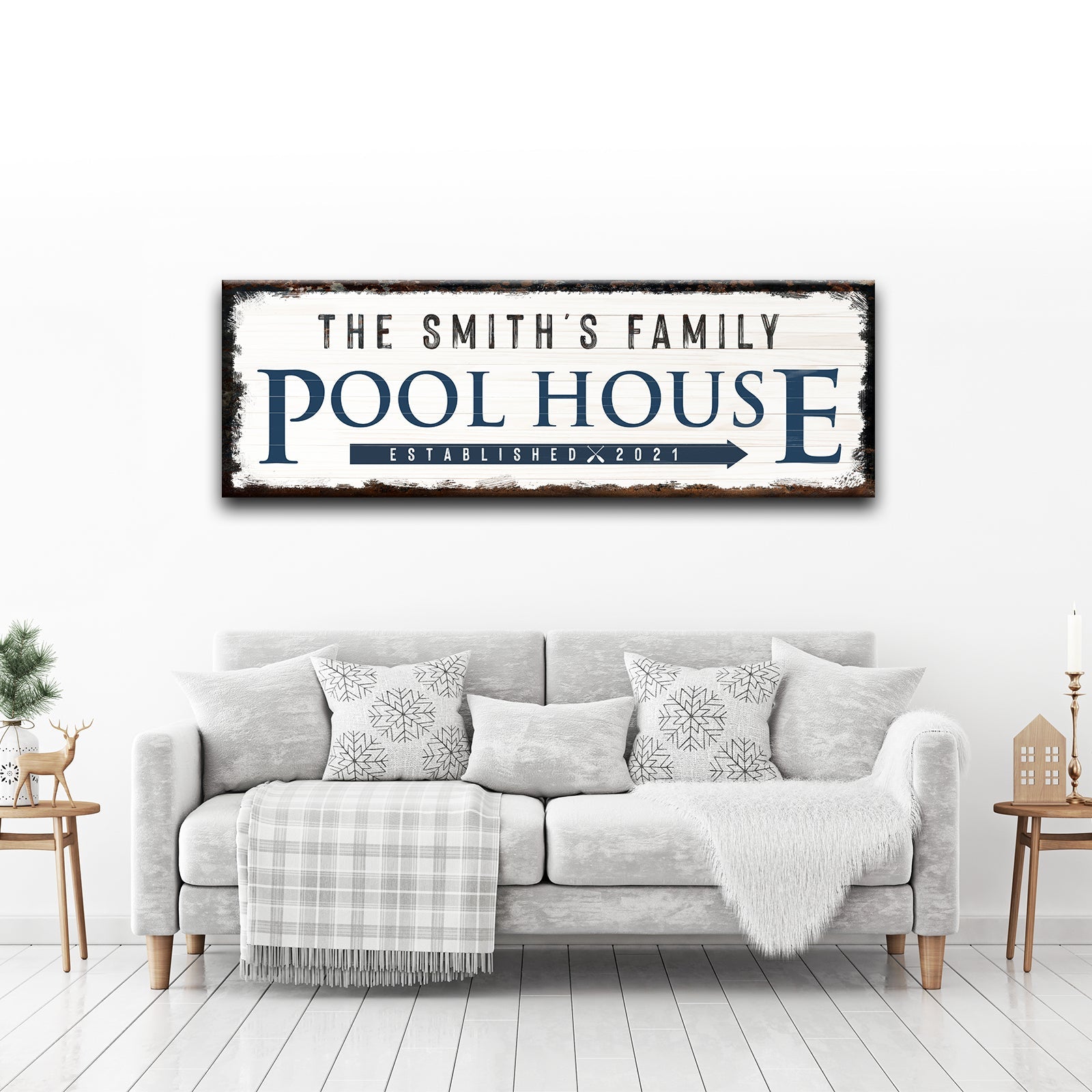 Family pool house sign canvas wall art with distressed white wood background and blue letters on Tampa Home & Garden Store