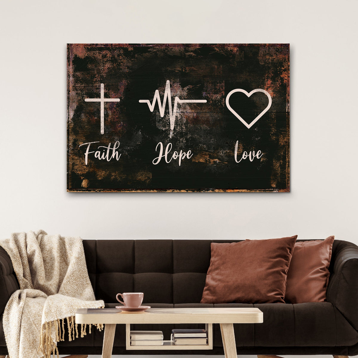 Canvas sign with cross, heartbeat line, heart icon and Faith Hope Love on dark background on Tampa Home & Garden Store