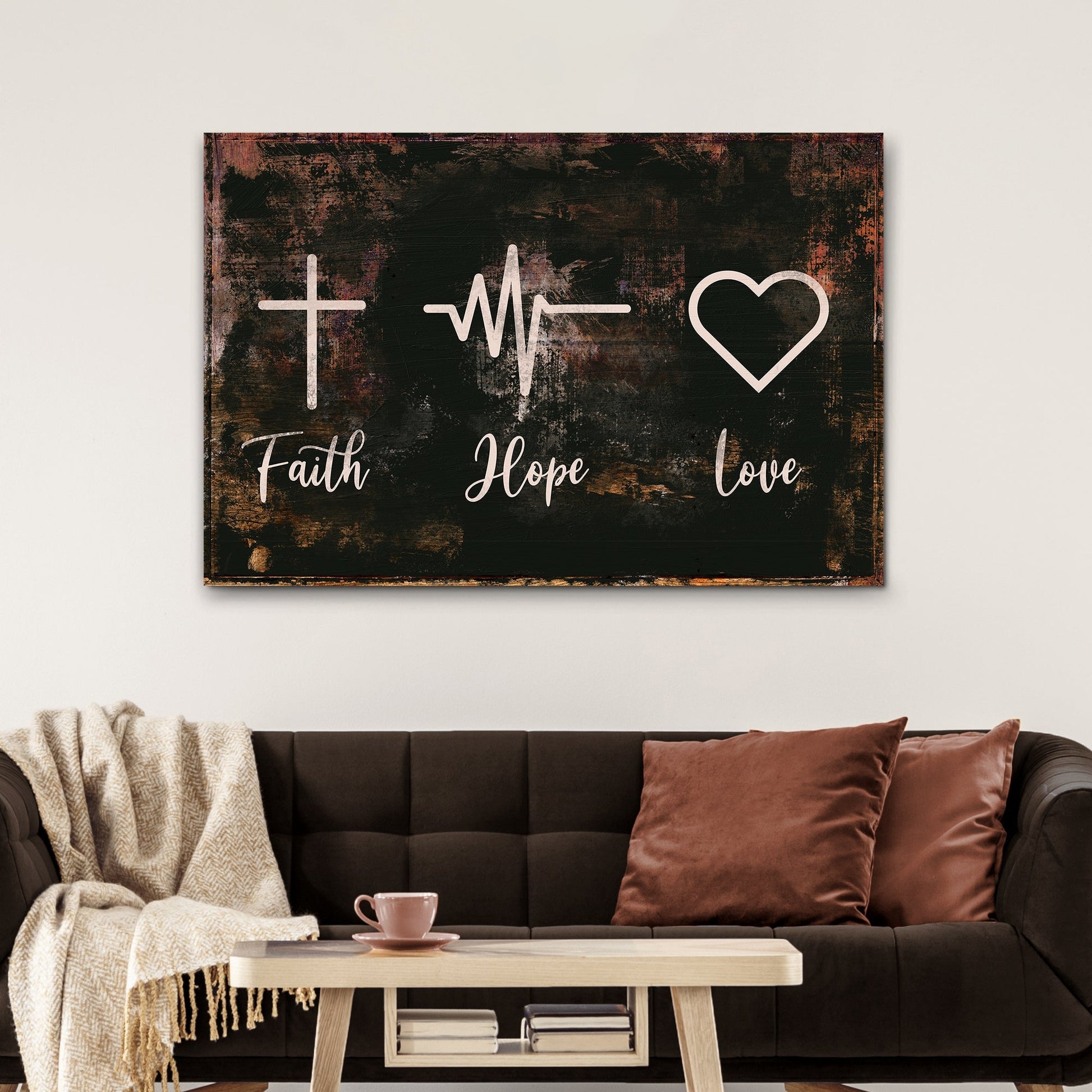 Canvas sign with cross, heartbeat line, heart icon and Faith Hope Love on dark background on Tampa Home & Garden Store