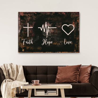 Canvas sign with cross, heartbeat line, heart icon and Faith Hope Love on dark background on Tampa Home & Garden Store