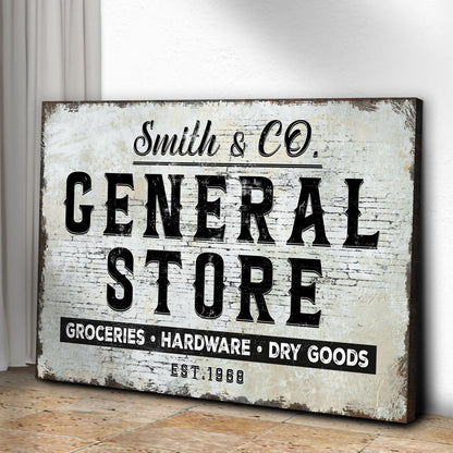 General Store sign canvas by Tailored Canvases with distressed white panel and bold black lettering on Tampa Home & Garden Store