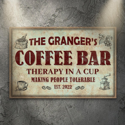 Canvas sign Coffee Bar Therapy In A Cup by Tailored Canvases with vintage coffee imagery on Tampa Home & Garden Store