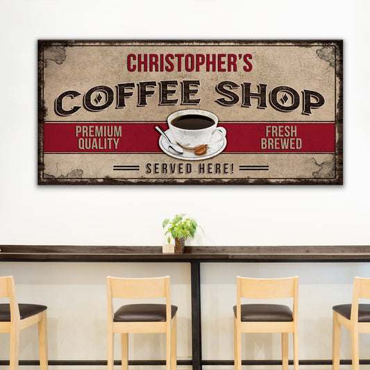 Coffee Shop Sign canvas with vintage distressed beige, red text and coffee cup graphic on Tampa Home & Garden Store