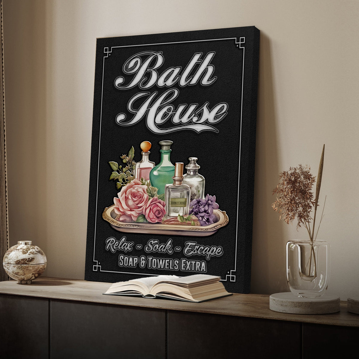 Canvas Bath House sign by Tailored Canvases; black textured background with bottle art on Tampa Home & Garden Store