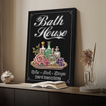 Canvas Bath House sign by Tailored Canvases; black textured background with bottle art on Tampa Home & Garden Store