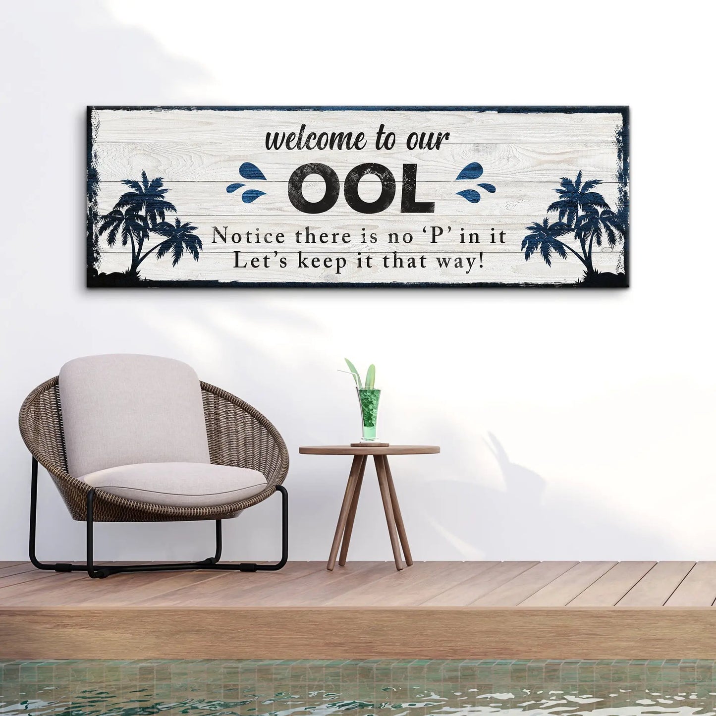 Welcome To Our Pool Sign canvas by Tailored Canvases; white wood with navy palm trees on Tampa Home & Garden Store