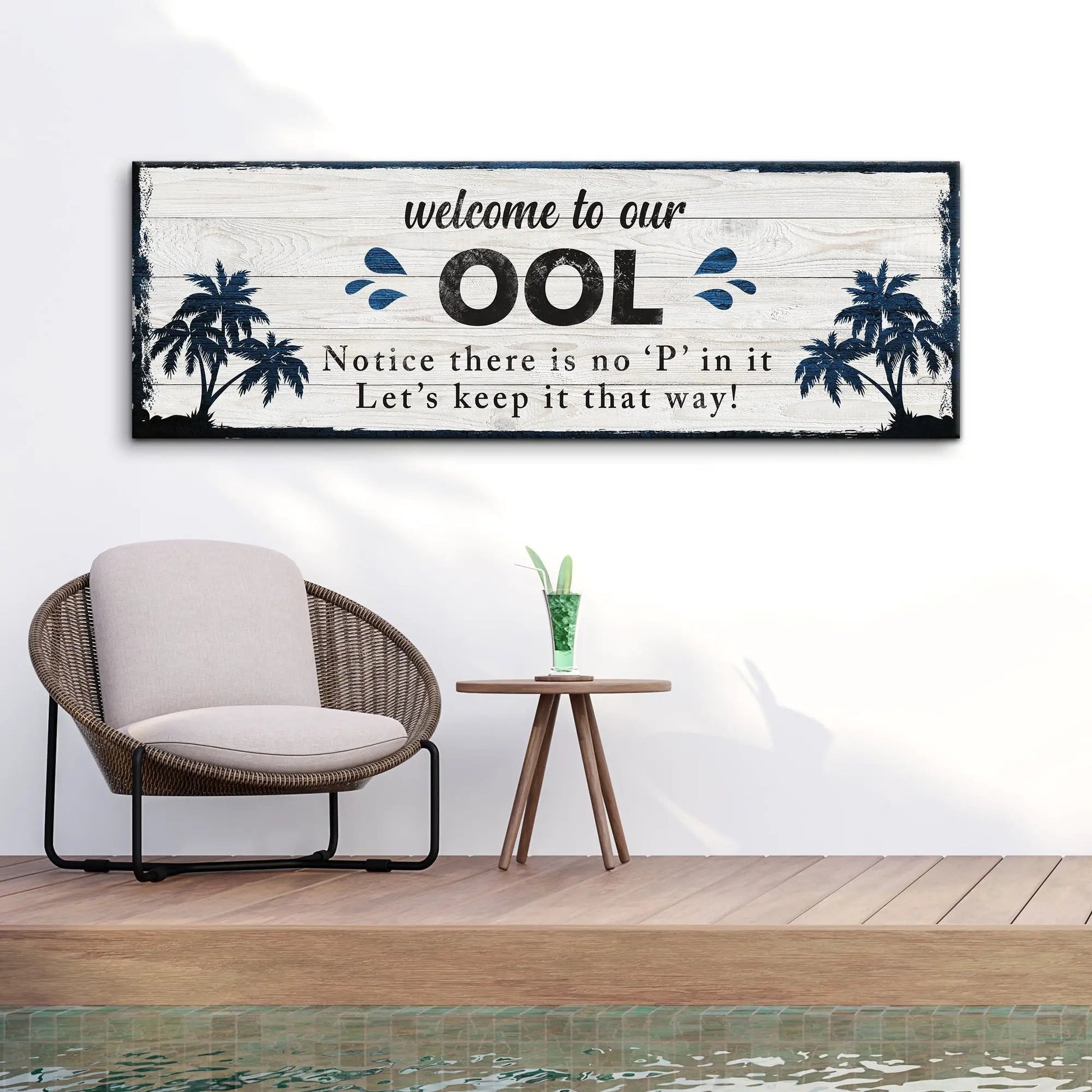 Welcome To Our Pool Sign canvas by Tailored Canvases; white wood with navy palm trees on Tampa Home & Garden Store
