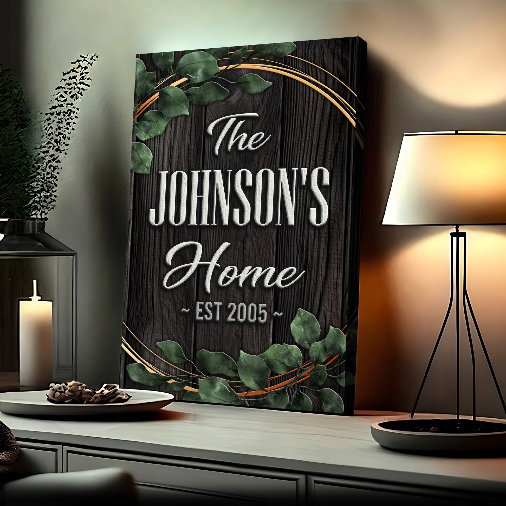Family Home Sign II canvas by Tailored Canvases with dark wood grain and green leaves on Tampa Home & Garden Store