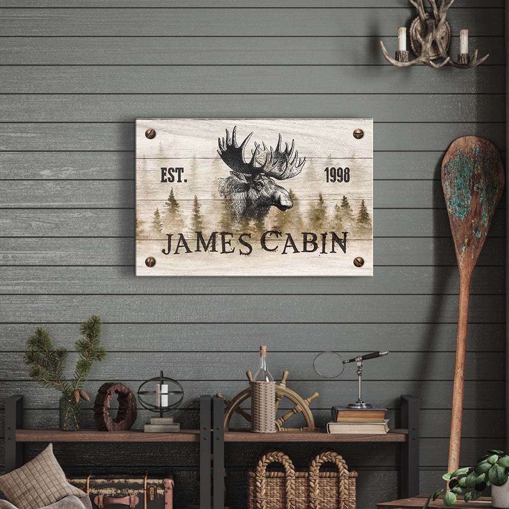 Family Moose Cabin Sign wall art with rustic wood finish and moose graphic Tailored Canvases on Tampa Home & Garden Store
