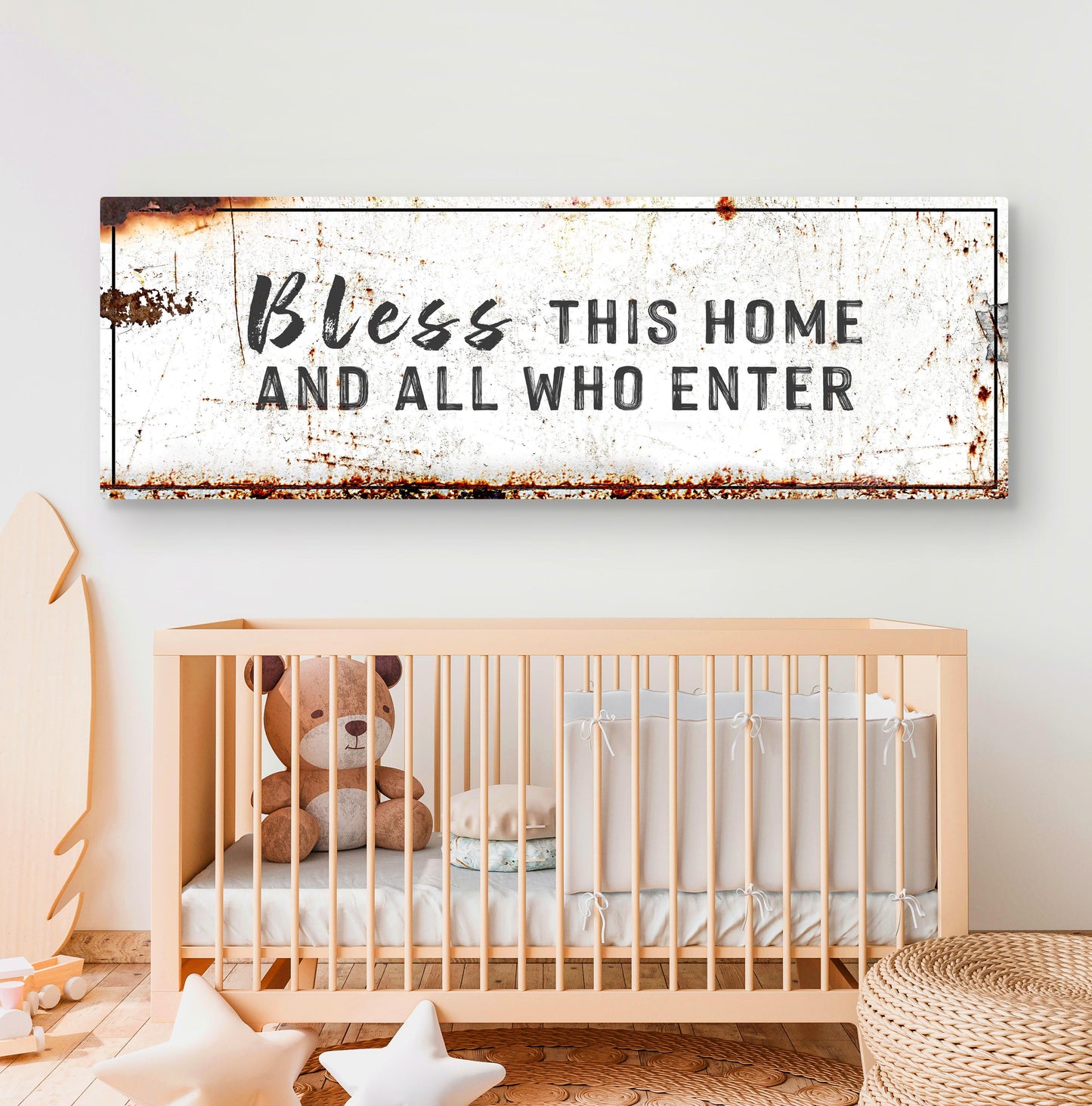 Bless This Home canvas wall decor by Tailored Canvases, rustic white with black border on Tampa Home & Garden Store