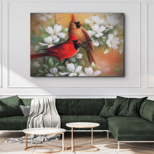 Cardinals on Dogwood Painting Canvas Wall Art Tailored Canvases, red cardinals among blossoms on Tampa Home & Garden Store