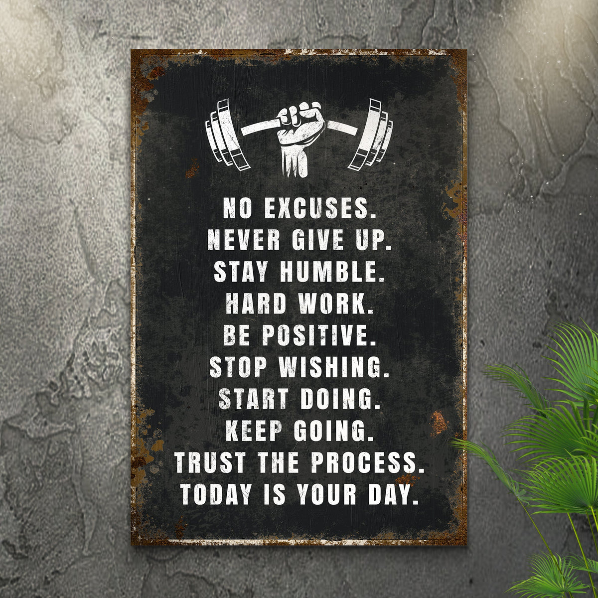 No Excuses Motivational Sign canvas by Tailored Canvases with a distressed black surface, white typography and a fist lifting a barbell on Tampa Home & Garden Store