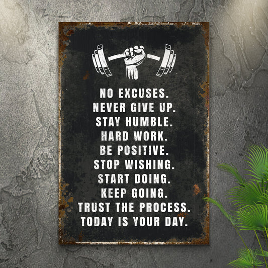 No Excuses Motivational Sign canvas by Tailored Canvases with a distressed black surface, white typography and a fist lifting a barbell on Tampa Home & Garden Store