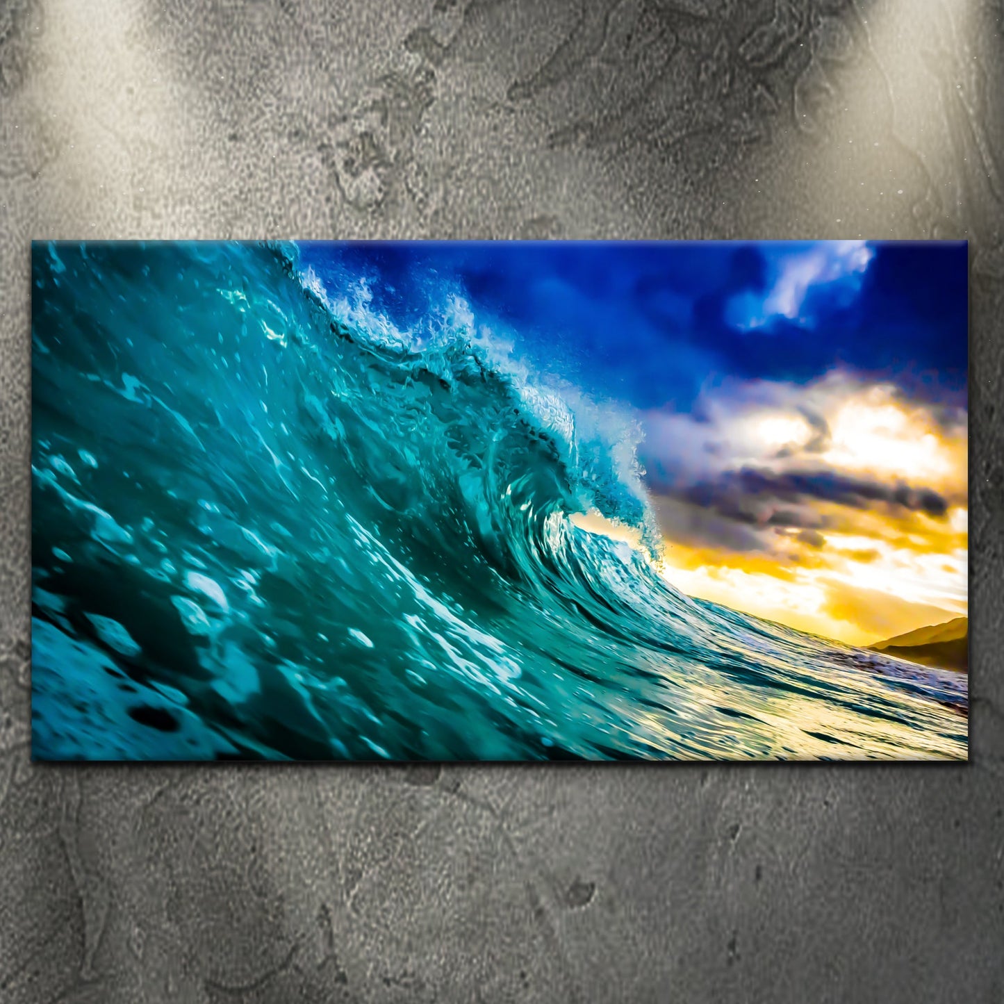 Fast Waves Canvas Wall Art by Tailored Canvases, turquoise curling ocean wave on blue canvas on Tampa Home & Garden Store