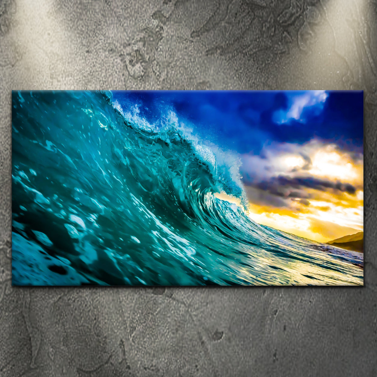 Fast Waves Canvas Wall Art by Tailored Canvases, turquoise curling ocean wave on blue canvas on Tampa Home & Garden Store