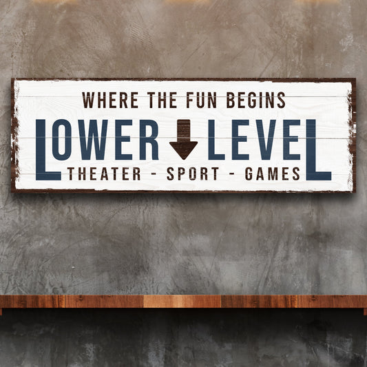 Lower Level Sign III canvas with distressed white plank panel and bold blue LOWER LEVEL text on Tampa Home & Garden Store