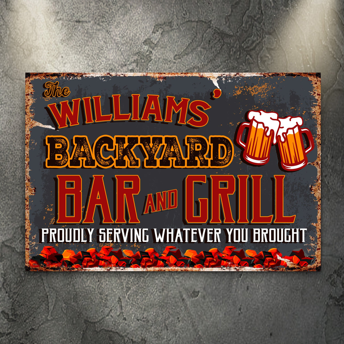 Canvas sign Backyard Bar and Grill VII with rust border, bold orange letters on dark gray on Tampa Home & Garden Store