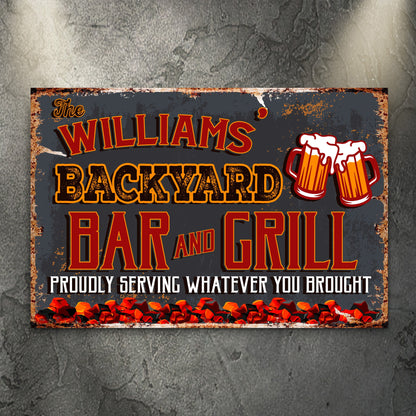 Canvas sign Backyard Bar and Grill VII with rust border, bold orange letters on dark gray on Tampa Home & Garden Store