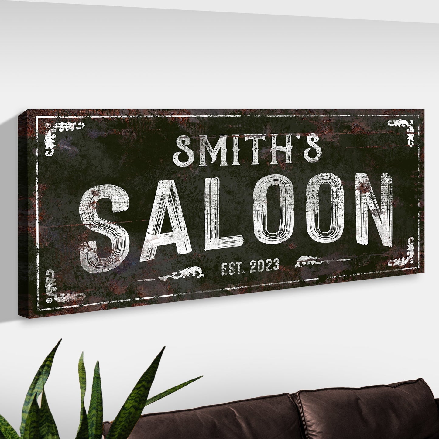 Family Saloon Vintage Sign canvas with distressed white lettering and ornate border on Tampa Home & Garden Store