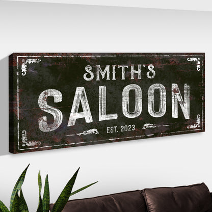 Family Saloon Vintage Sign canvas with distressed white lettering and ornate border on Tampa Home & Garden Store