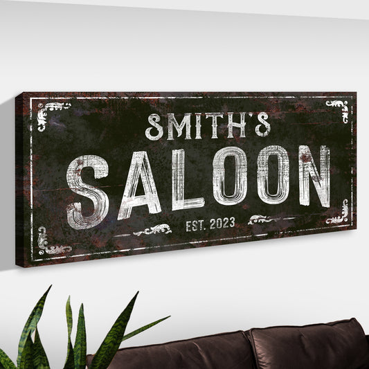 Family Saloon Vintage Sign canvas with distressed white lettering and ornate border on Tampa Home & Garden Store