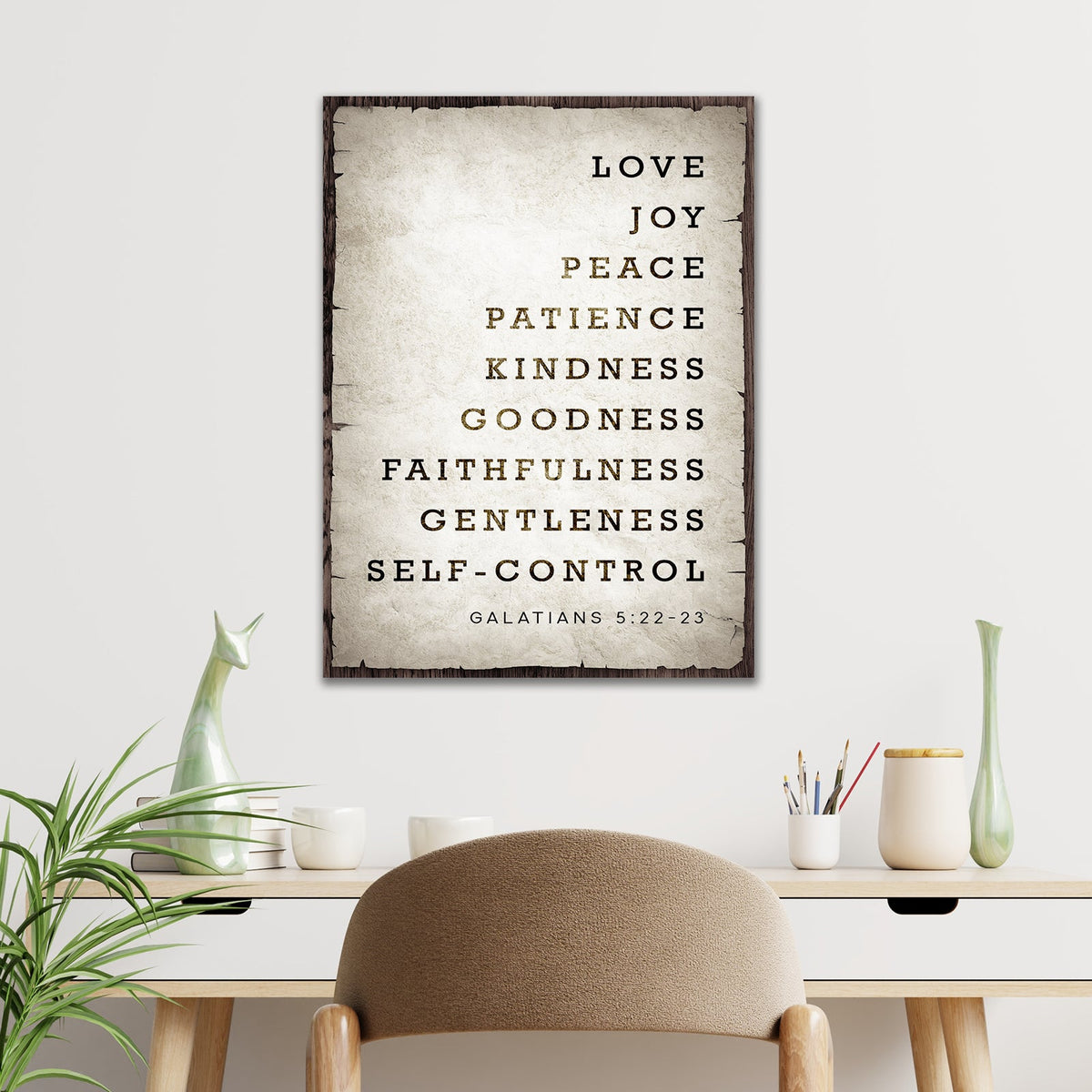 Galatians 5:22-23 Sign IV canvas with parchment look and brown frame Tailored Canvases on Tampa Home & Garden Store