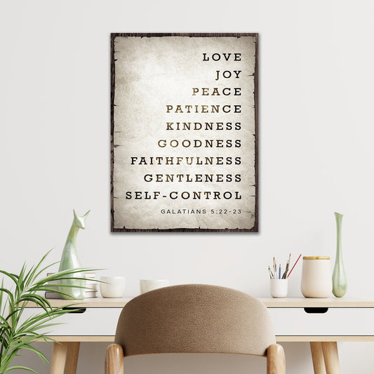 Galatians 5:22-23 Sign IV canvas with parchment look and brown frame Tailored Canvases on Tampa Home & Garden Store