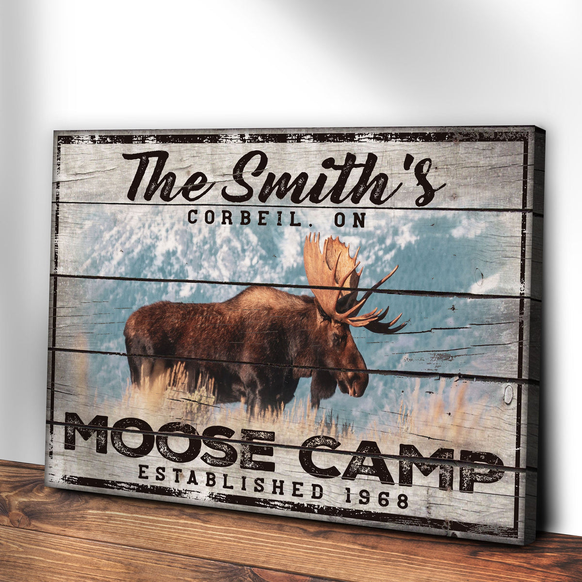 Moose Camp Sign canvas by Tailored Canvases with rustic wood frame and moose illustration on Tampa Home & Garden Store