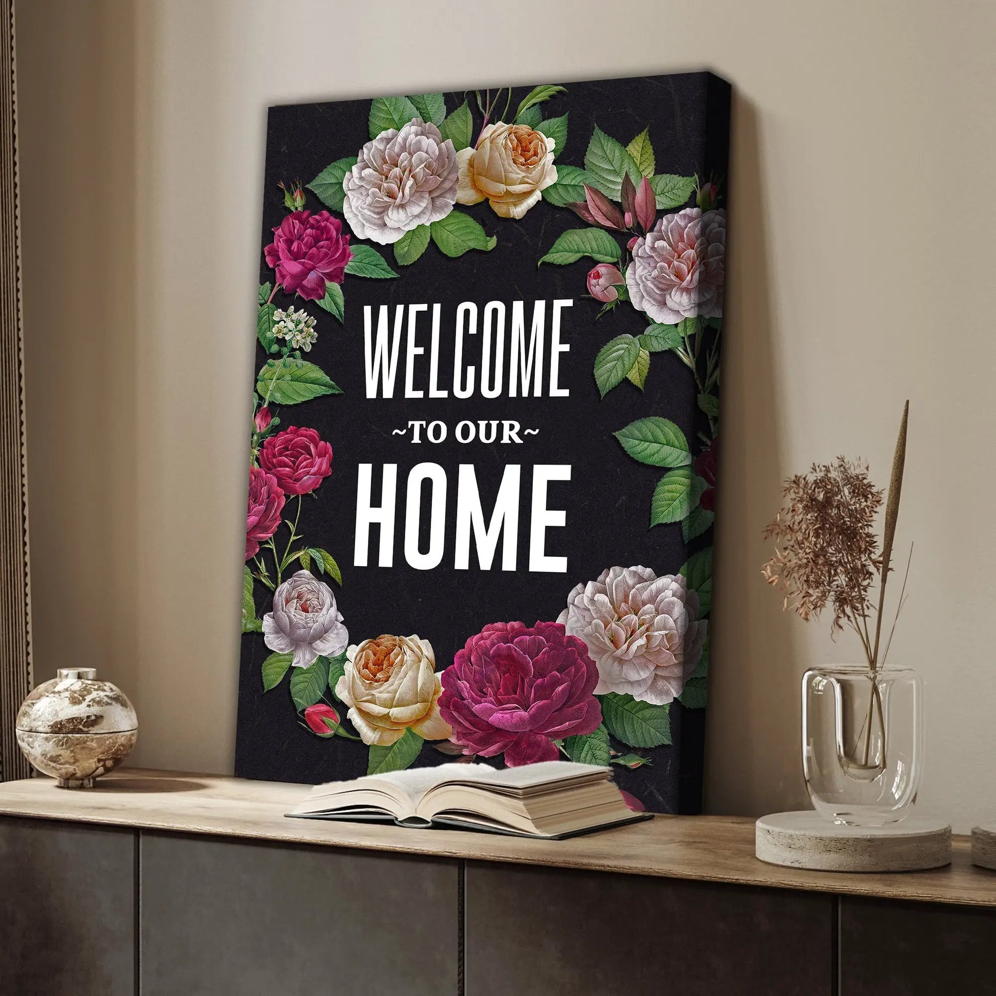 Welcome To Our Home floral entryway sign canvas with vibrant roses on black on Tampa Home & Garden Store