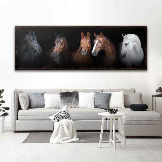 A Family Of Horses canvas wall art by Tailored Canvases; five horses on dark background on Tampa Home & Garden Store