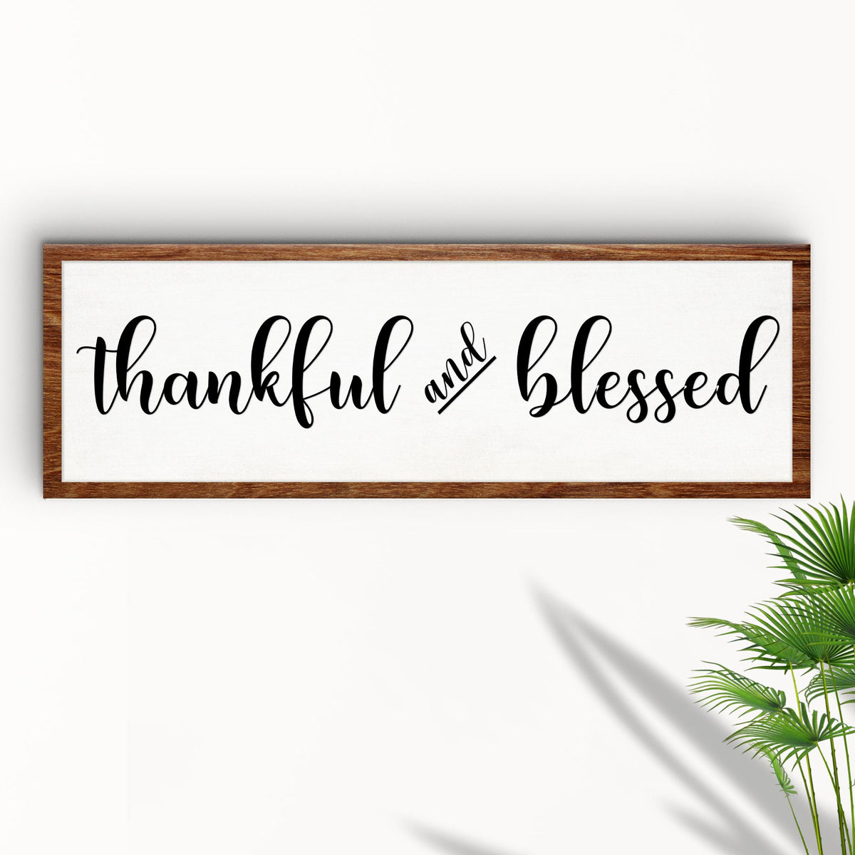 Thankful And Blessed Sign canvas with black script, framed in wood on Tampa Home & Garden Store