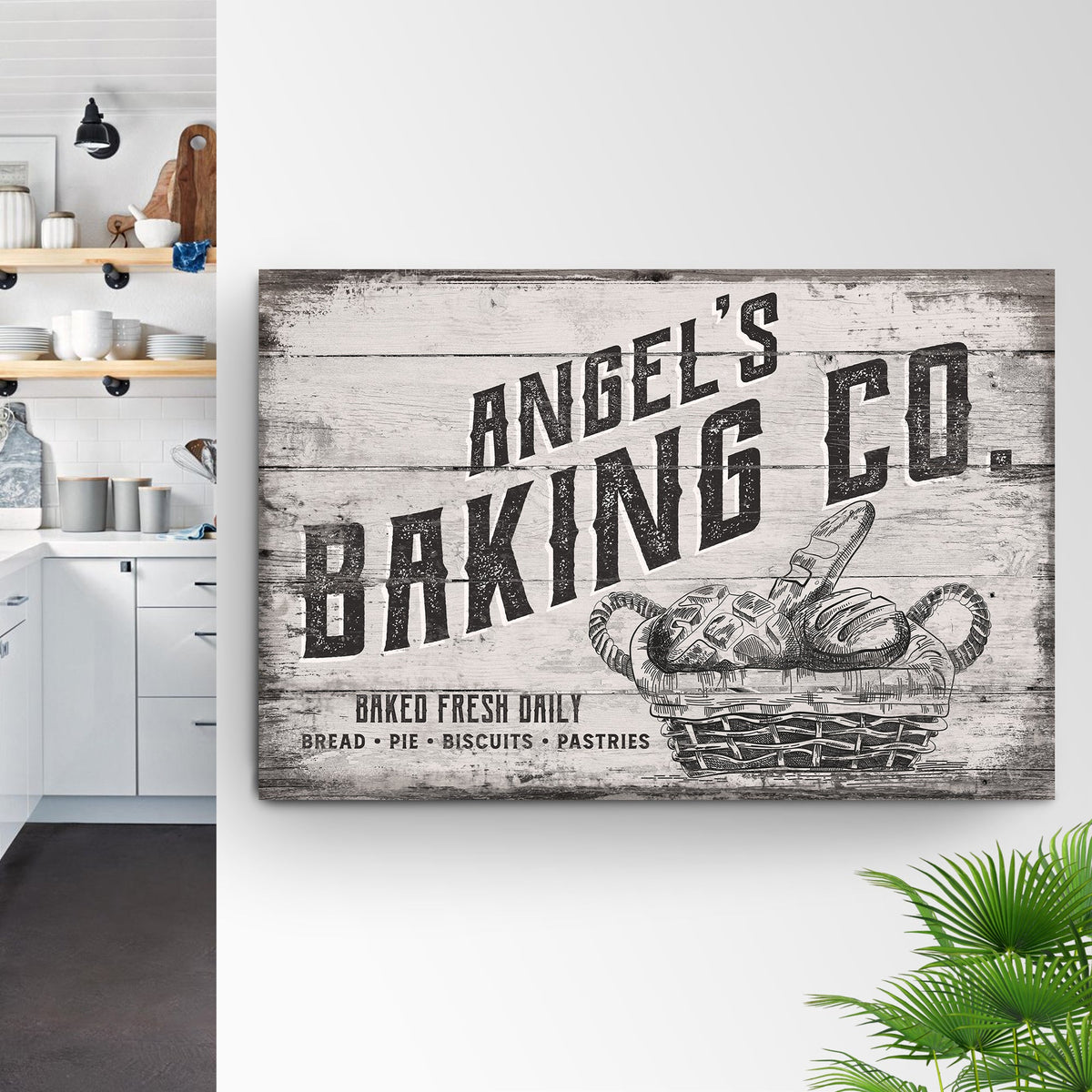 Baking Co Sign III canvas with distressed whitewashed backdrop and bold bakery lettering on Tampa Home & Garden Store
