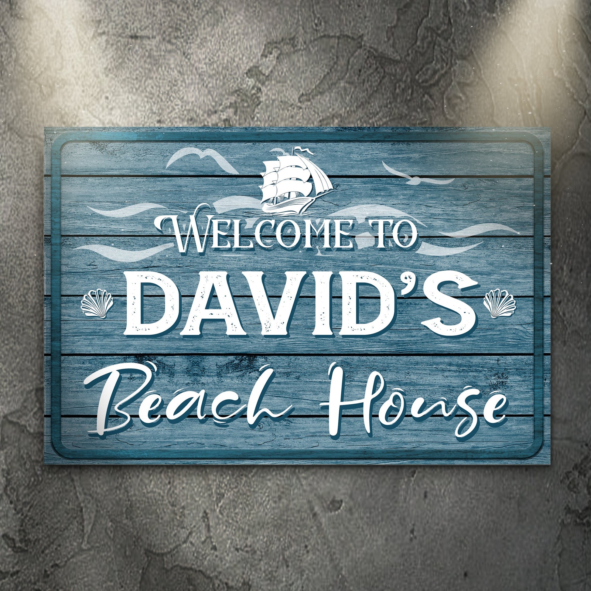 Beach House Welcome Sign Canvas by Tailored Canvases, blue weathered wood with ship DAVID'S on Tampa Home & Garden Store
