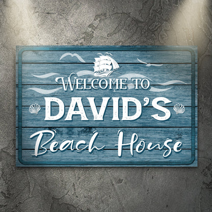 Beach House Welcome Sign Canvas by Tailored Canvases, blue weathered wood with ship DAVID'S on Tampa Home & Garden Store