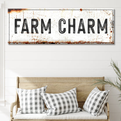 Farm Charm Sign canvas with bold FARM CHARM lettering on a distressed rusted backdrop on Tampa Home & Garden Store