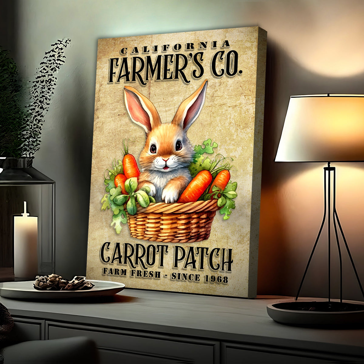 Farm Fresh Carrot Patch canvas sign by Tailored Canvases with a bunny and carrots on Tampa Home & Garden Store