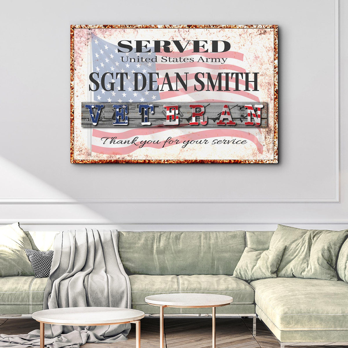 Thank You For Your Service Veterans Sign canvas with patriotic US flag and rustic border on Tampa Home & Garden Store