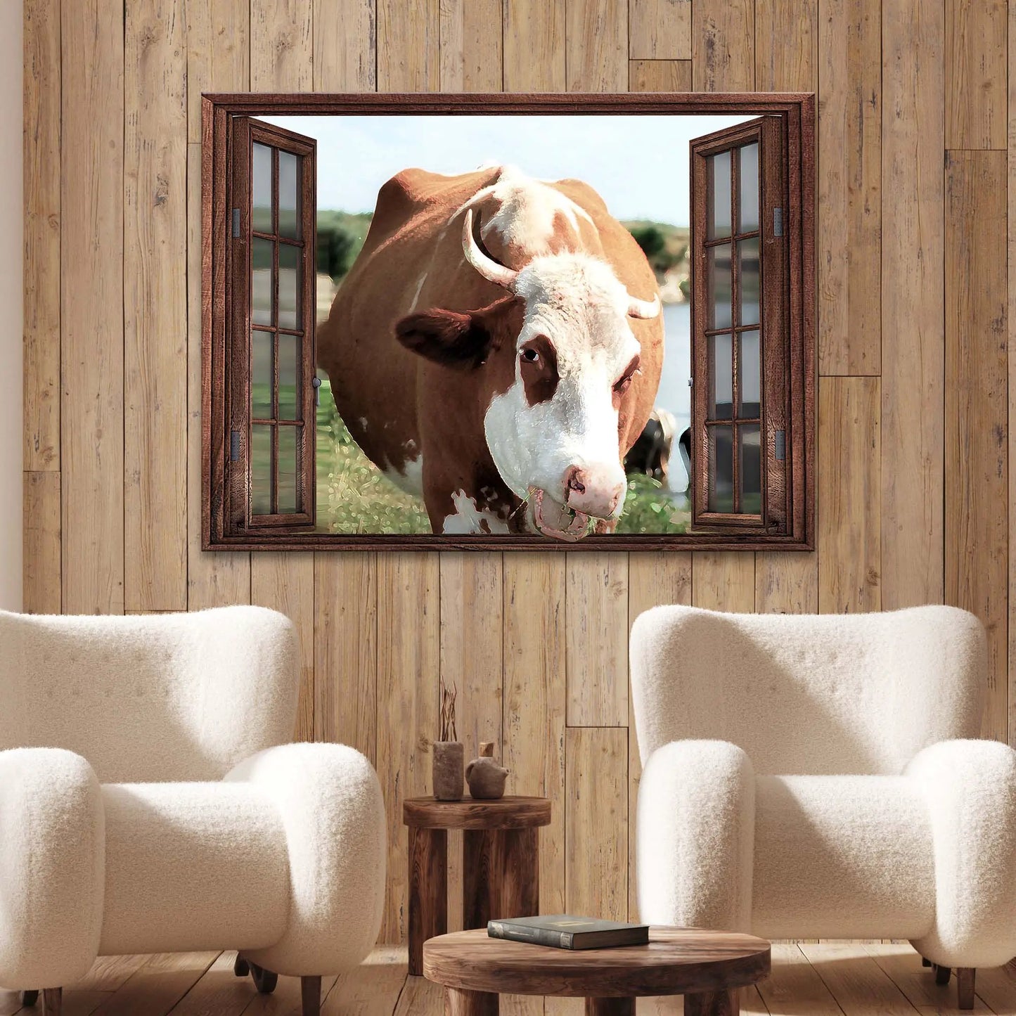 Cattle on Window Canvas Wall Art by Tailored Canvases; rustic wood frame on paneling on Tampa Home & Garden Store