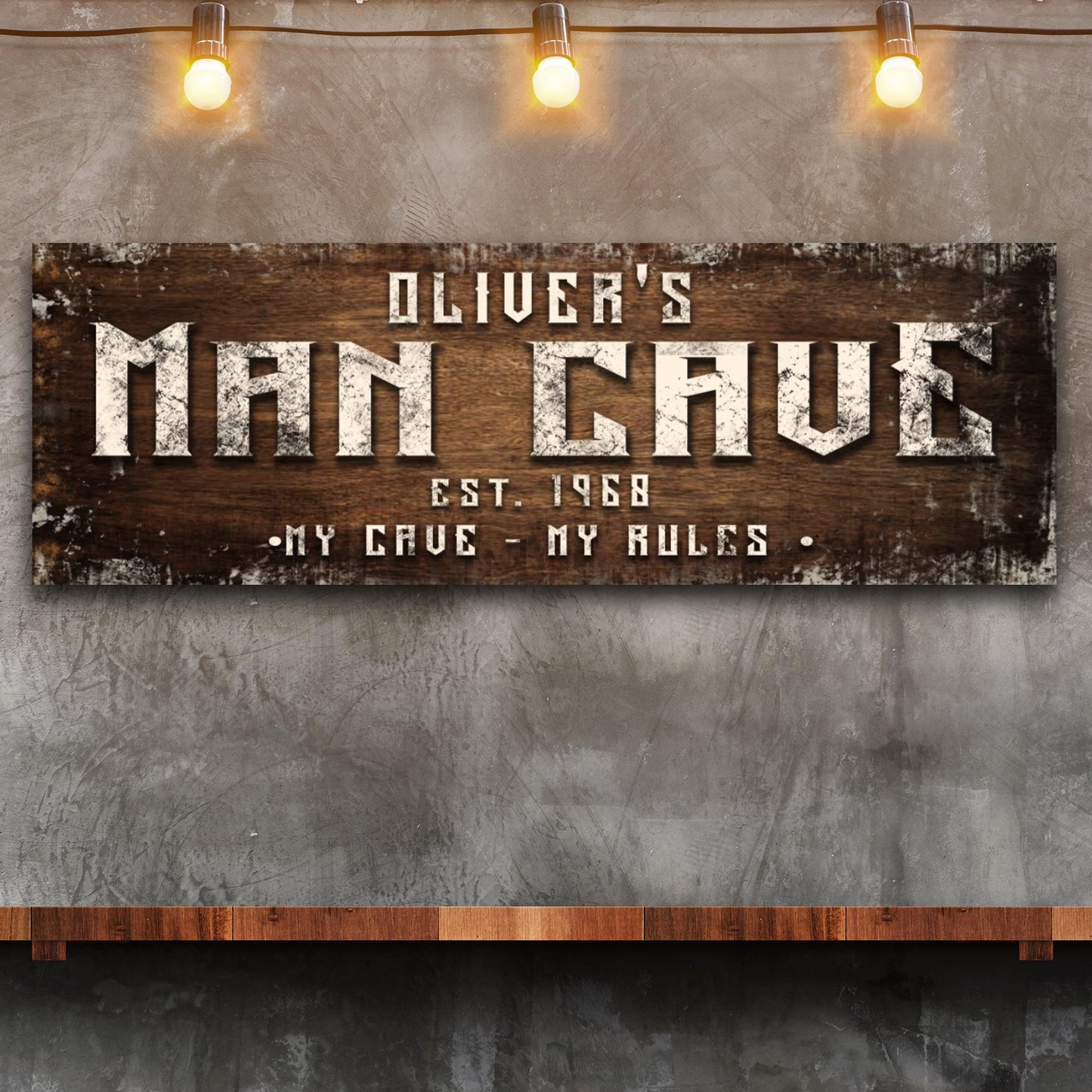 Man cave canvas sign with distressed wood panel and bold MAN CAVE lettering by Tailored Canvases on Tampa Home & Garden Store