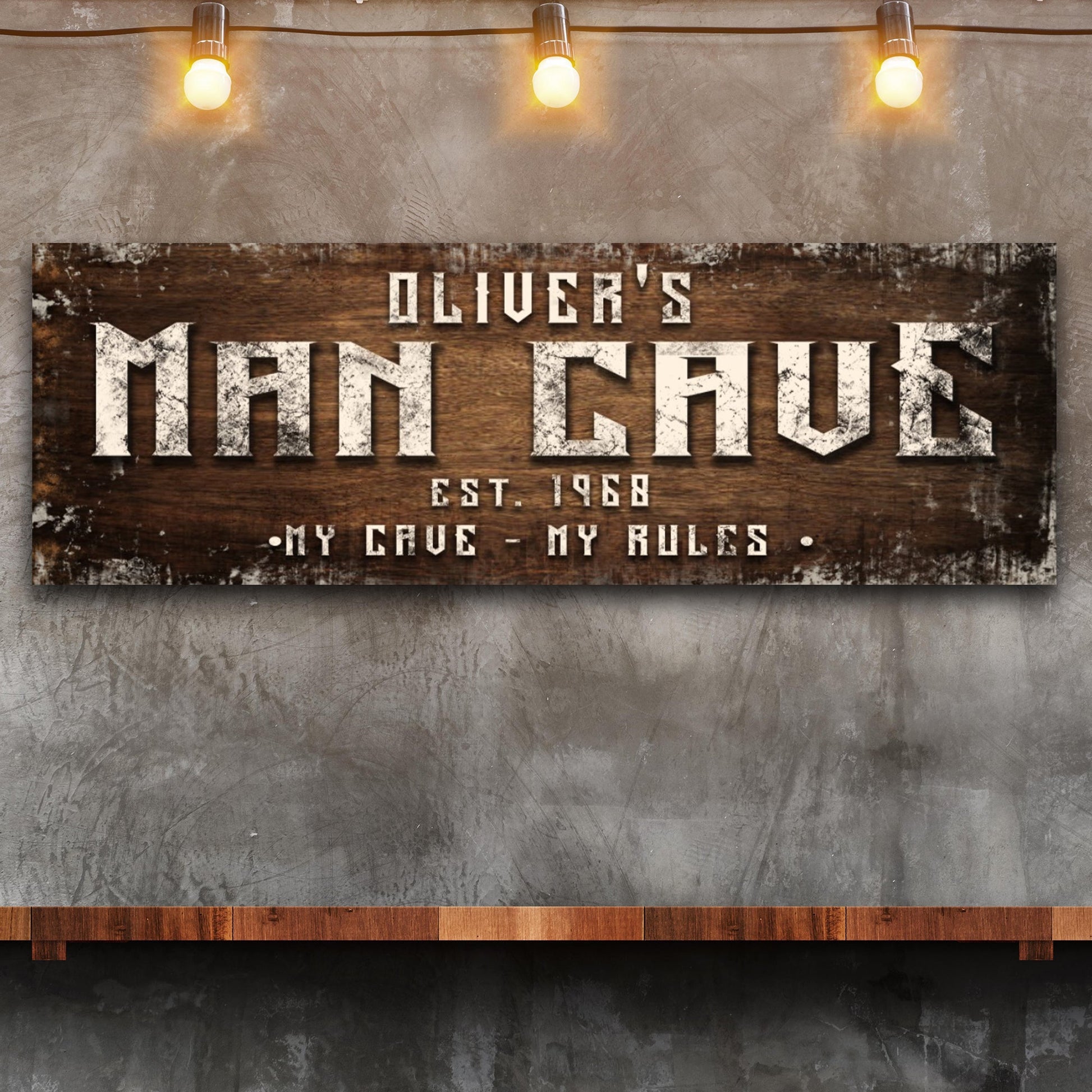 Man cave canvas sign with distressed wood panel and bold MAN CAVE lettering by Tailored Canvases on Tampa Home & Garden Store